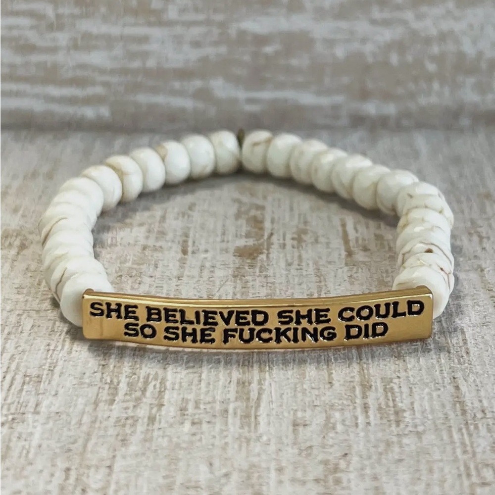 She Believed She Could Inspirational Gold and Cream Semiprecious Stones Bracelet